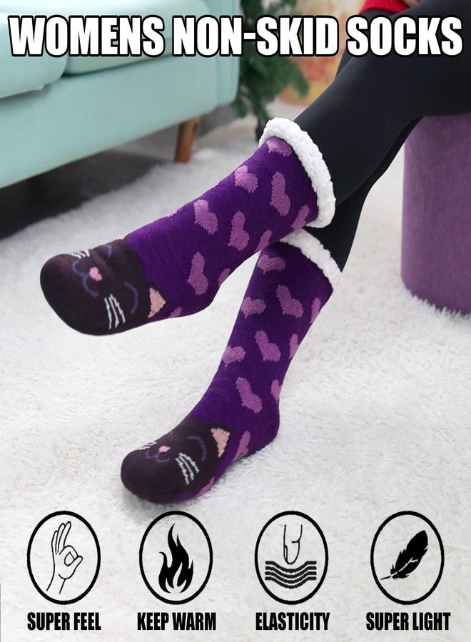 POEATEZO Womens Slipper Socks Soft Warm Fluffy Winter Fleece Lined Sherpa Socks (Purple Cat) - Image 4